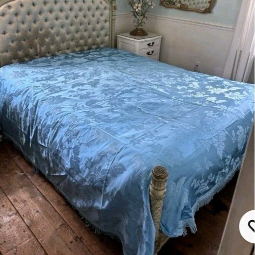Vtg Italian Bedspread Coverlet Blue Satin Damask Roses TasselS 95x95*READ
